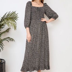 Black Floral Print Half Sleeve Maxi Dress